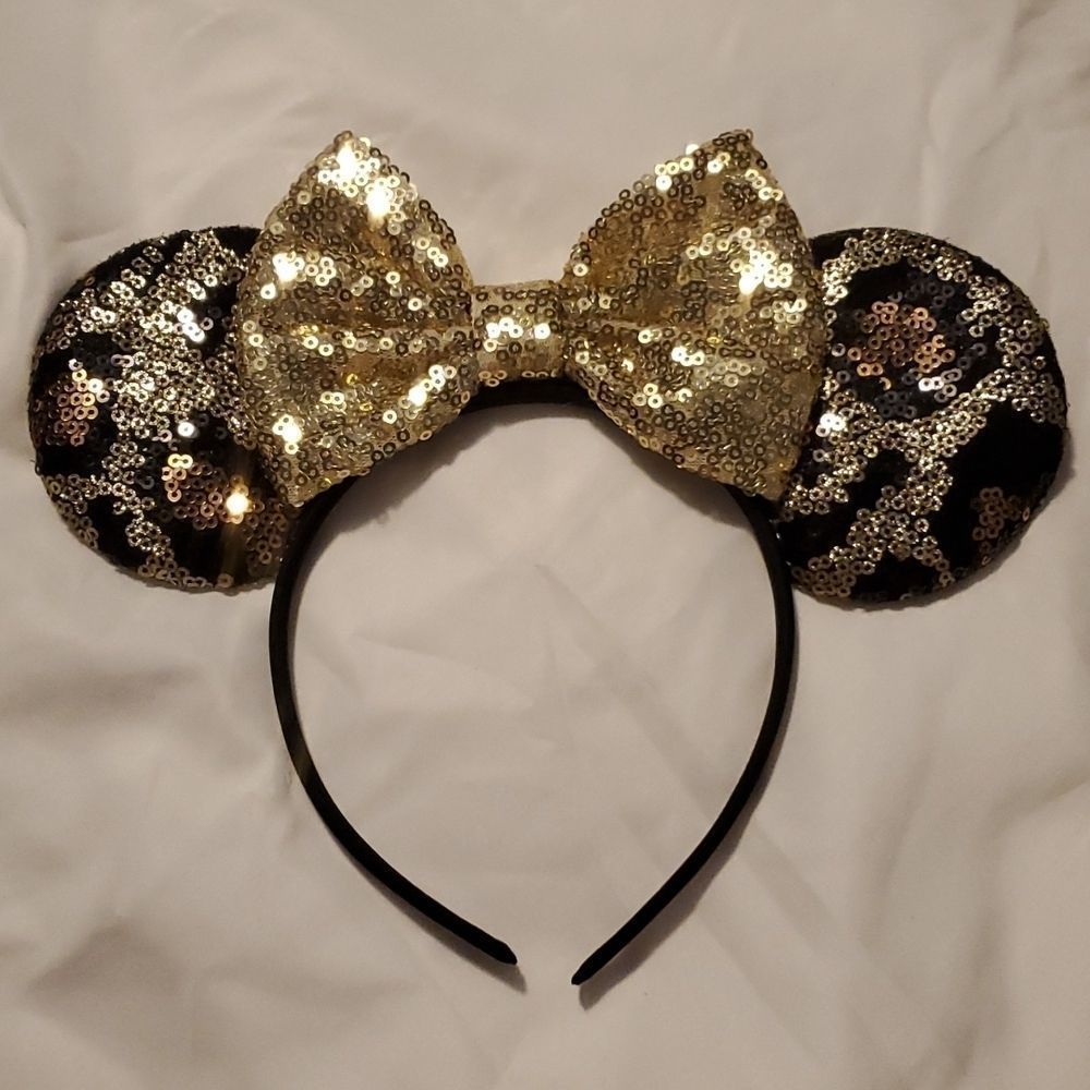 NEW GOLD ANIMAL PRINT SEQUINED MOUSE EARS HEADBAND